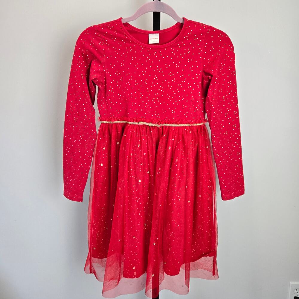 Hanna Andersson Long Sleeve Fit and Flare Dress Red‎ Gold Star Tulle 10